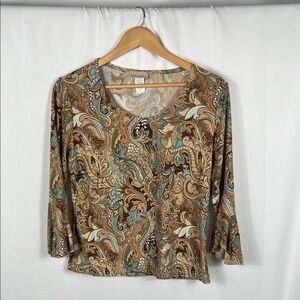 Susan Lawrence Multicolor Paisley Y2K Blouse Women’s XL Polyester‎ Stretchy